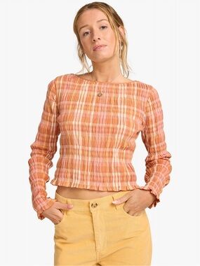 Billabong Plaid Long-Sleeve Crop Top in Peach and White